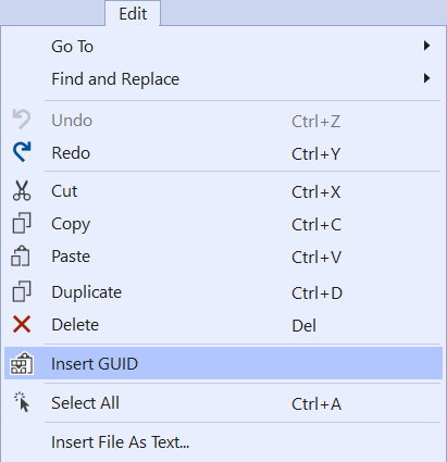 Insert GUID command located in the Edit main menu