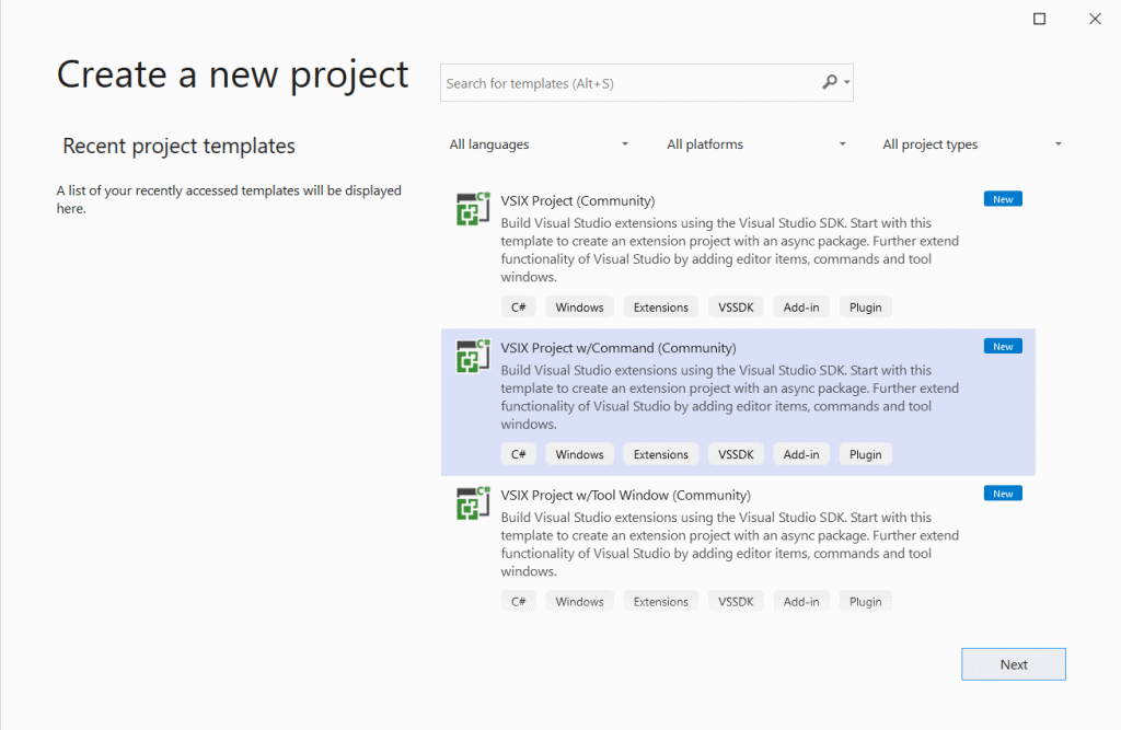 New Project Dialog showing VSIX project templates