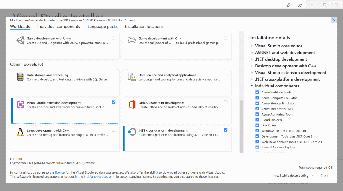 VS Installer showing the extensibility workload